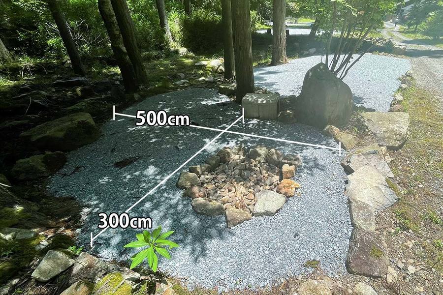 区画D（焚火場スペース）のサイズを記した画像。500cm×300cm。