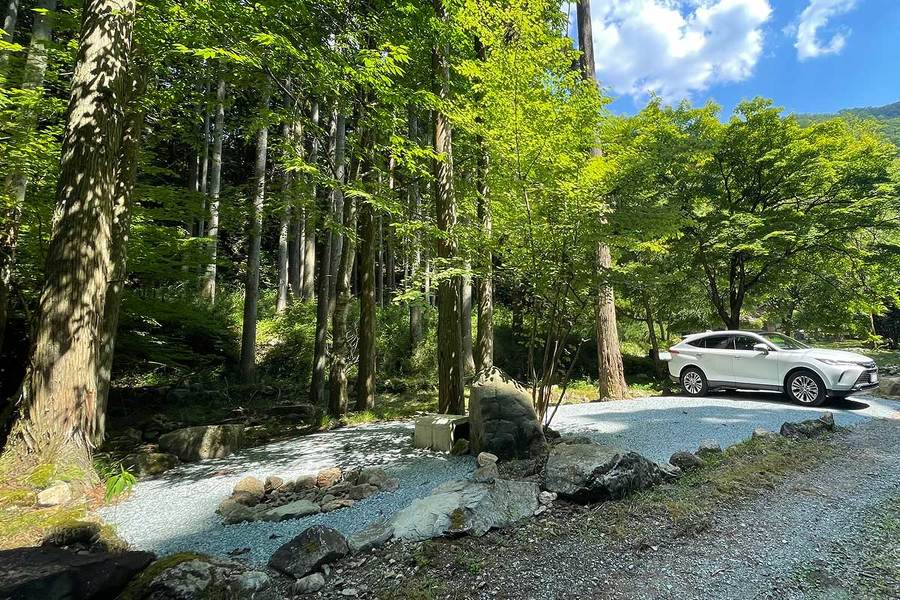 区画Dに車が停まっている画像。晴れた空の下、森の中に整地された空間がある。左手前には焚火場が見える。